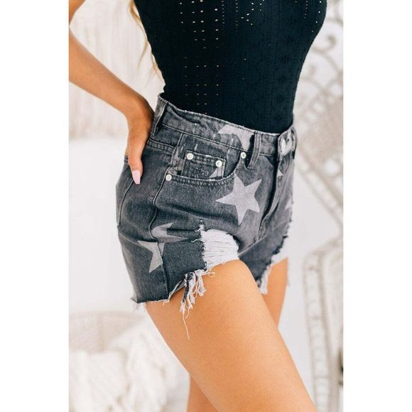 SALE! Blue Buttercup Star Print Black Demin Distressed Short 100% Cotton KP80880 - Picture 7 of 9